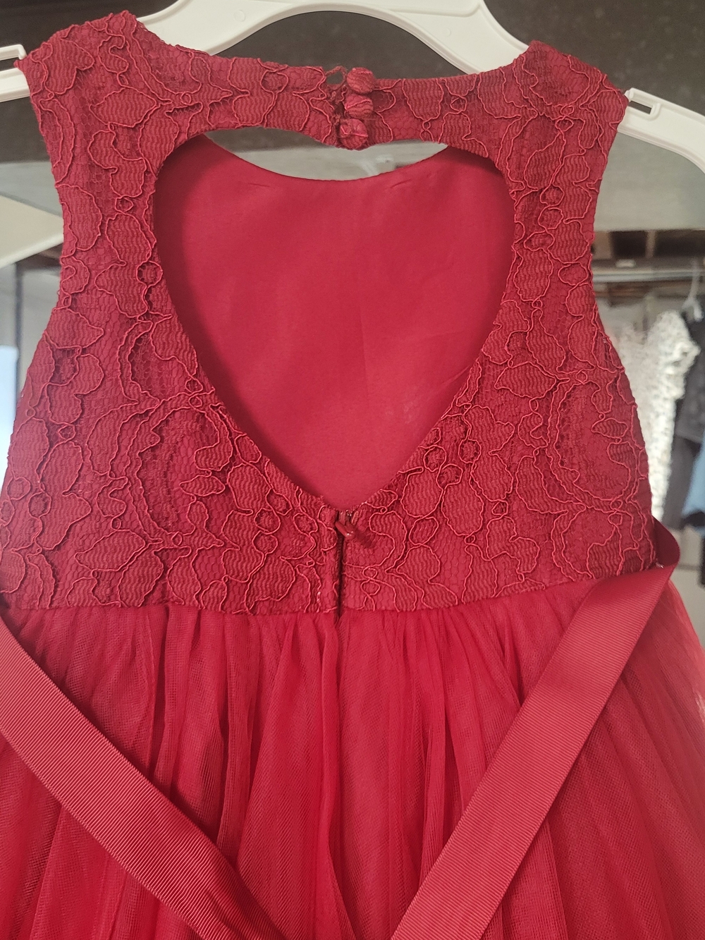 David's Bridal Red Ball Gown Flower Girl Dress with Heart Cutout - Picture 2 of 4